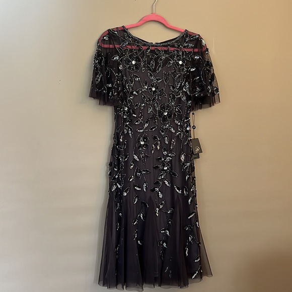 Adrianna Papell Jewel Neck Short Flutter Sleeve Floral Beaded Sheath Midi Dress - Picture 7 of 16